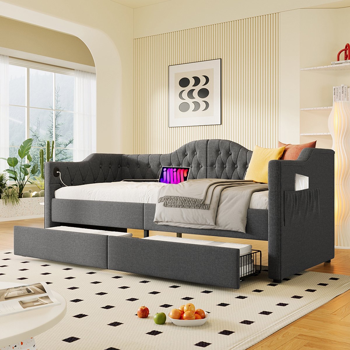 KOMHTOM Bedbanken Bedden 90x190 cm Eenpersoonsbedden met oplaadfunctie USB Type C en 2 laden grijs fluweel