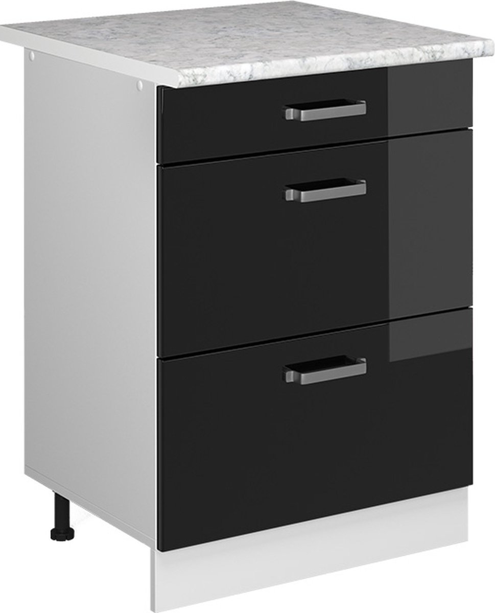 Vicco R-Line Keukenonderkast – 60 cm met laden, met marmeren werkblad Zwart hoogglans