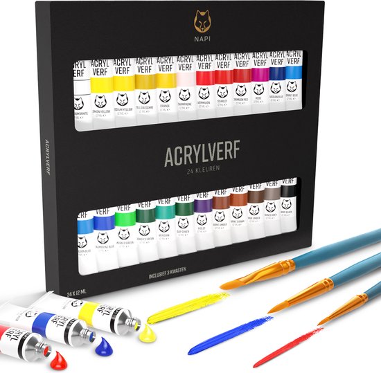 Foto: Napi acrylverf 24 kleuren 3 penselen klaar voor gebruik inclusief kleurencirkel hobbyverf set schilderen acryl verf 24 tubes
