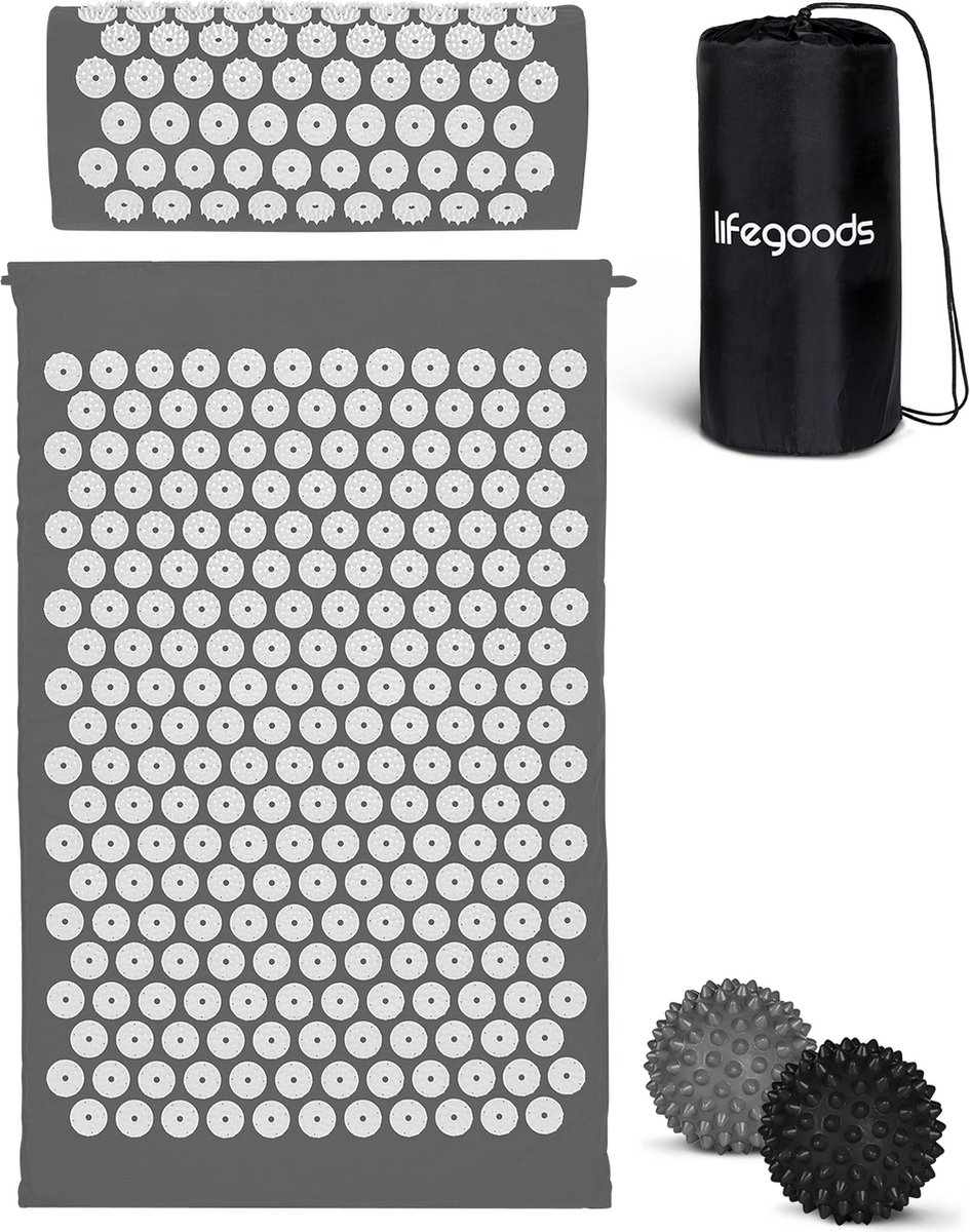 Goedkoopste LifeGoods Acupressuur Mat met Kussen - Shakti mat - Spijkermat Incl. 2x Triggerpoint Bal - 60x40x2cm - Grijs/Wit