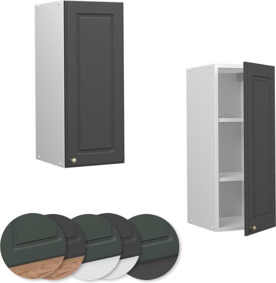 Armoire de salle de bain anthracite avec bouton doré, avec échantillons de couleur.
