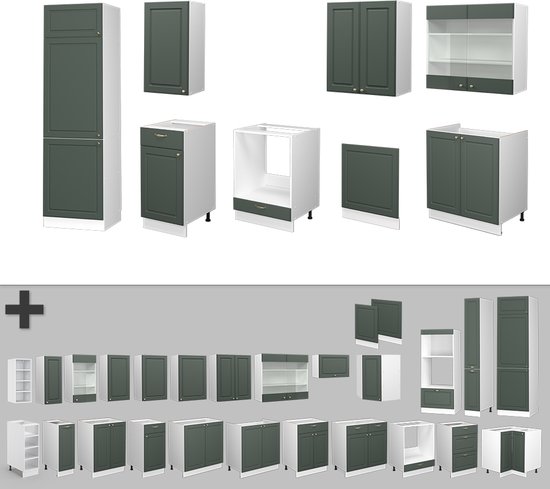 Vicco Elément de cuisine complet Fame- Line, Green- Goud Country House / Wit/ Wit, 300 cm sans plan de travail