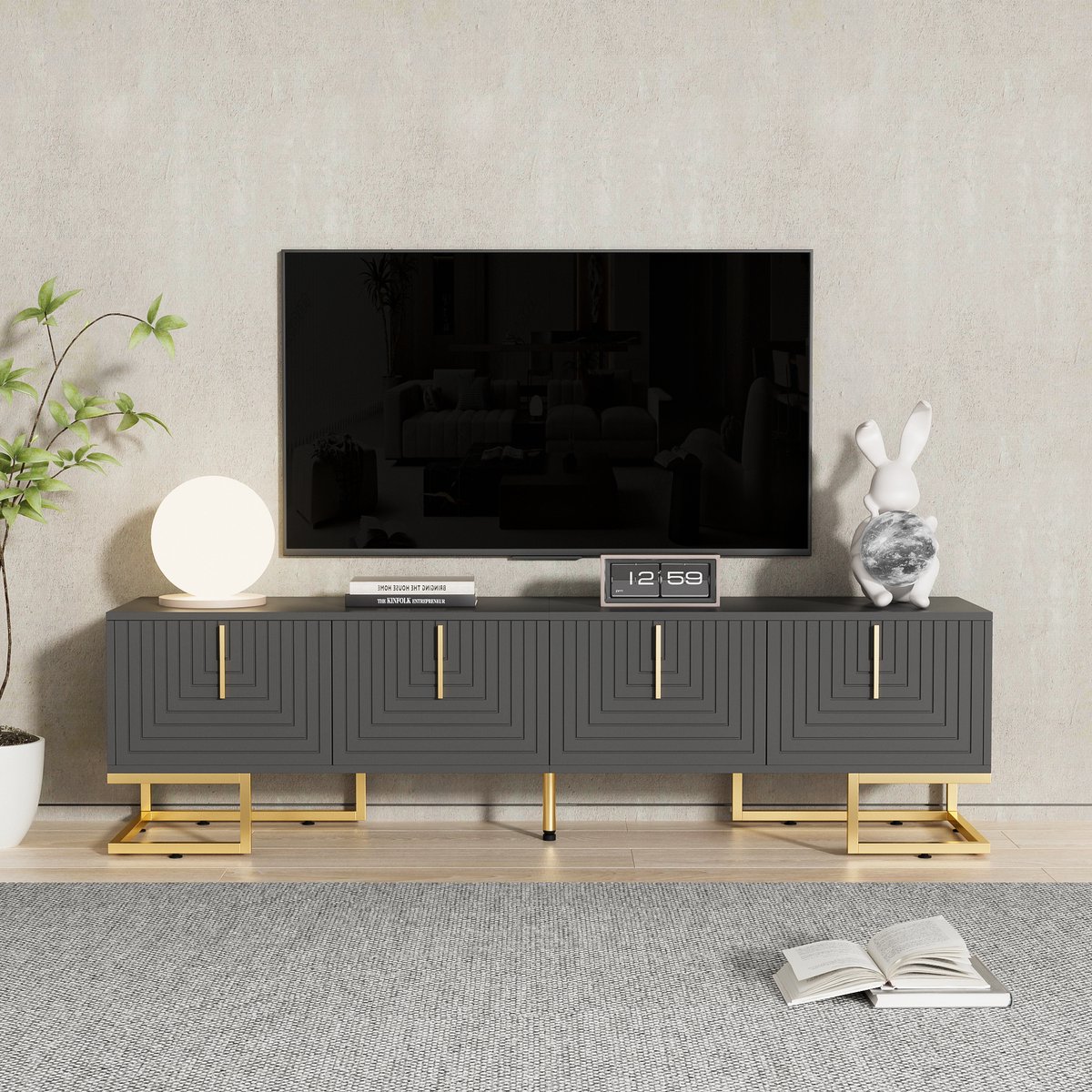 Sweiko TV kast, Gouden handgrepen en Handgrepen, Vier deuren, Laag paneel met getextureerde deuren, Zwart Grijs, TV meubels met opbergruimte