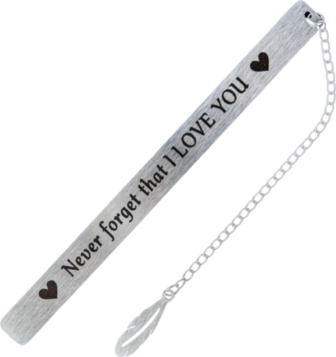 Nina’s Giftshop® Boekenlegger Metaal – “Never Forget That I LOVE YOU” – Liefdevolle Bladwijzer – Cadeau voor Vrouw & Man – Cadeau voor Partner – Valentijn Cadeau– Verjaardagscadeau