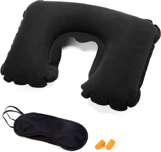 Foto: Reisset opblaasbaar reiskussen voor vliegtuig nekkussen slaapmasker en oordoppen comfortabel reizen 3 delige set ideaal voor vliegtuig trein en auto zwart