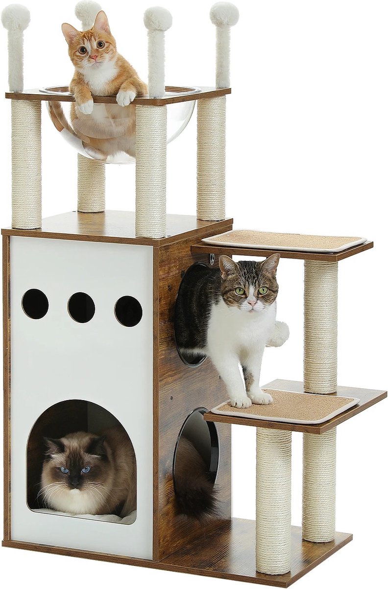 SteeFly® Luxe houten kattenboom - Stijlvolle krabtoren - Duurzaam speelparadijs - Geschikt voor grote katten - 80x40x130 cm
