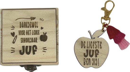 Sleutelhanger en houten doosje JUF | ROOD | appel | bedankt lieve juf | jij bent de liefste | liefste juf | topjuf | einde schooljaar | cadeau