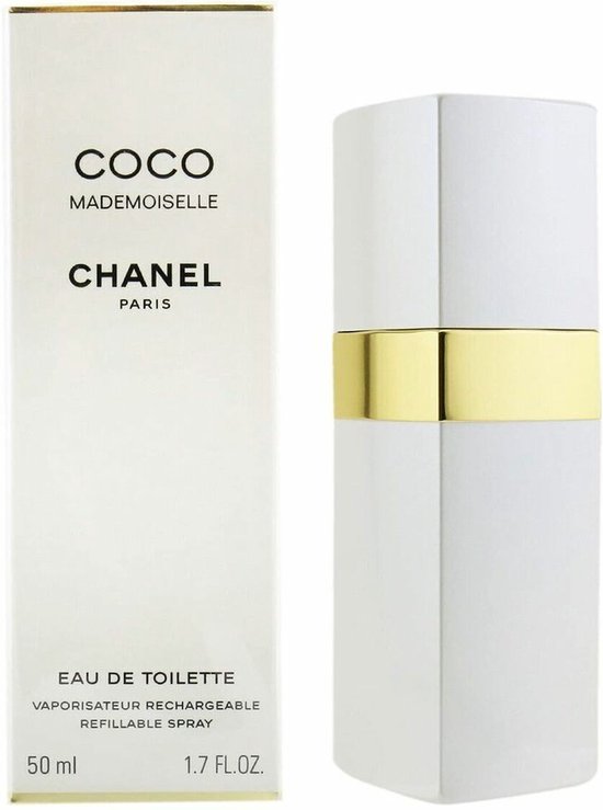 Witte parfumfles met gouden band naast COCO MADEMOISELLE CHANEL PARIS EAU DE TOILETTE 50 ml doosje.