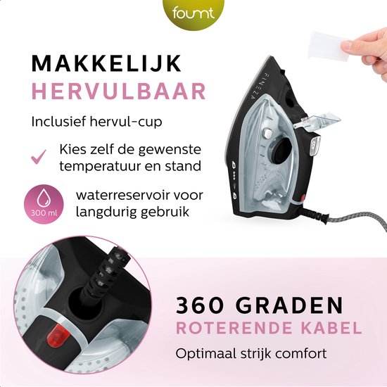 Zwart strijkijzer met 300ml waterreservoir en 360 graden roterende kabel.