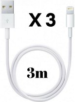 3x Lightning naar USB A Kabel Wit - 3 meter - Oplaadkabel voor iPhone 12 / 12 MINI / 12 PRO / 12 PRO MAX / 11 / 11 PRO / 11 PRO MAX / SE 2022 / SE 2020