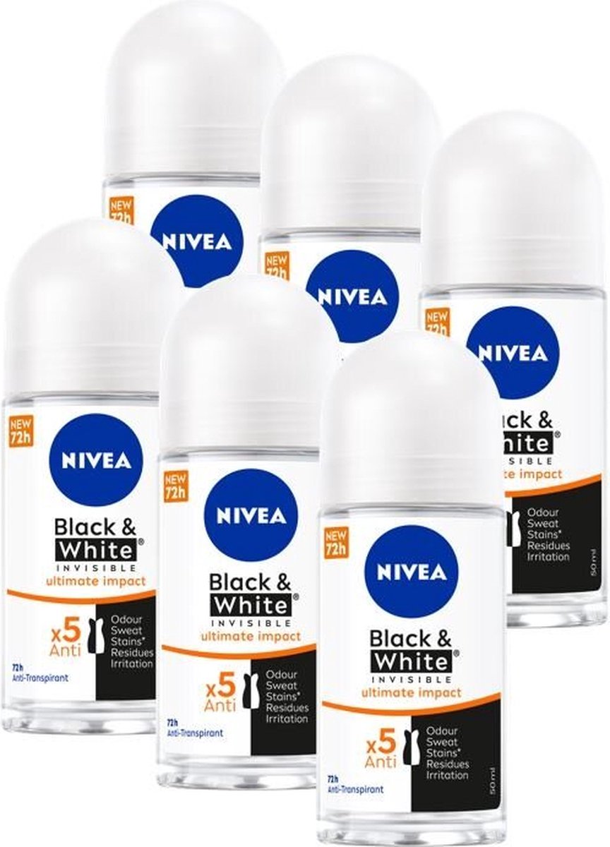 Goedkoopste NIVEA Black & White Ultimate Impact Anti-Transpirant Deo Roller - Deodorant - Voordeelverpakking - 6 x 50ml