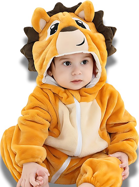 BoefieBoef Leeuw Geel Dieren Onesie & Pyjama voor Baby & Dreumes en Peuter tm 18 maanden - Kinder Verkleedkleding - Dieren Kostuum Pak Bruin