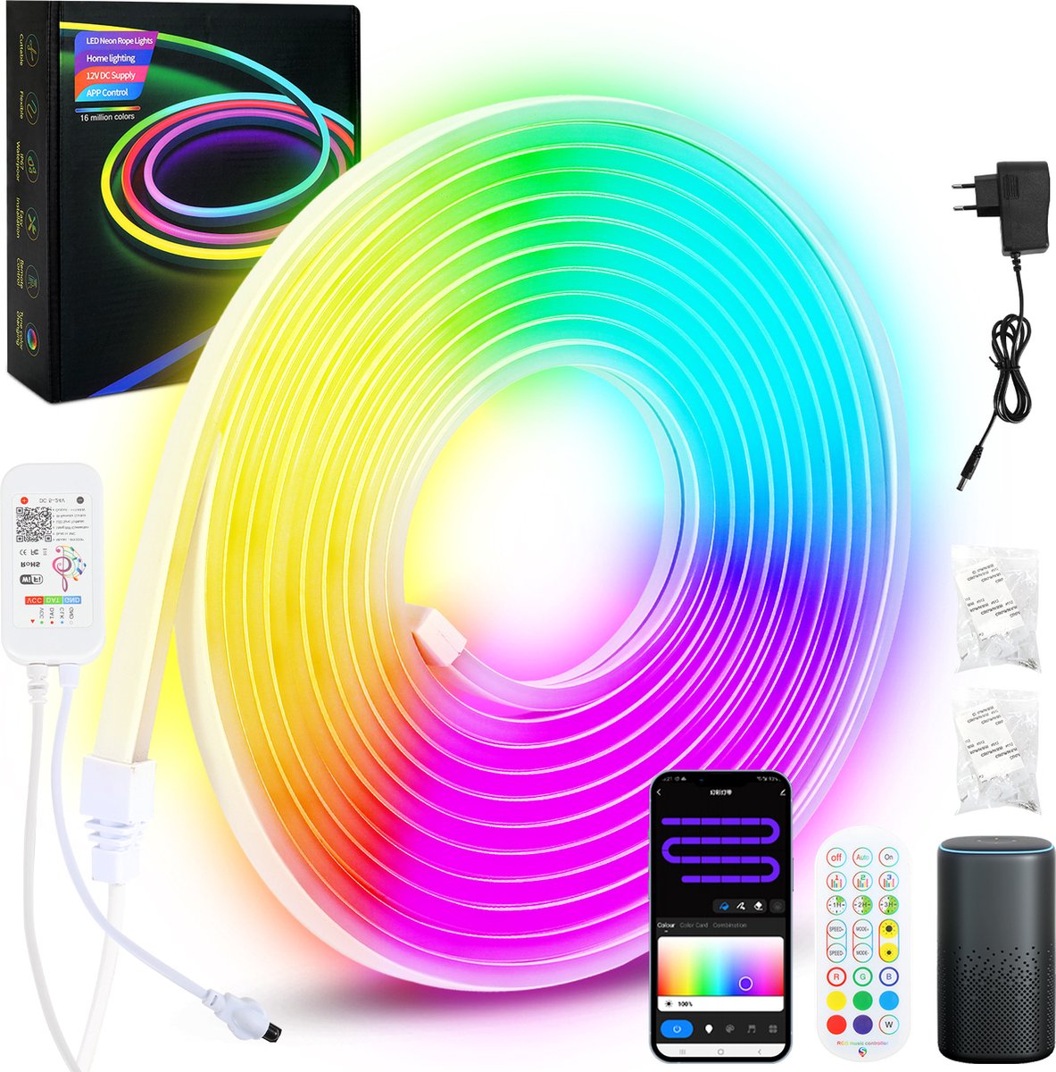 Neon LED Strip RGBIC 2 Meter 3535 Light strip IP65 Voor Buiten LED Verlichting- Met App En Afstandsbediening Smart LED-strip Volledig Dimbaar Compatible met Google Home Amazon Alexa En Siri