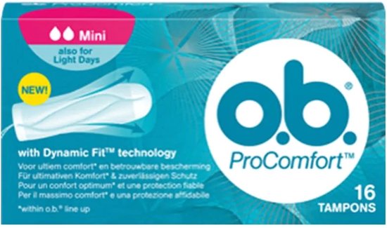 Doos met o.b. ProComfort Mini tampons. 16 stuks. "NEW!" "with Dynamic Fit technology".