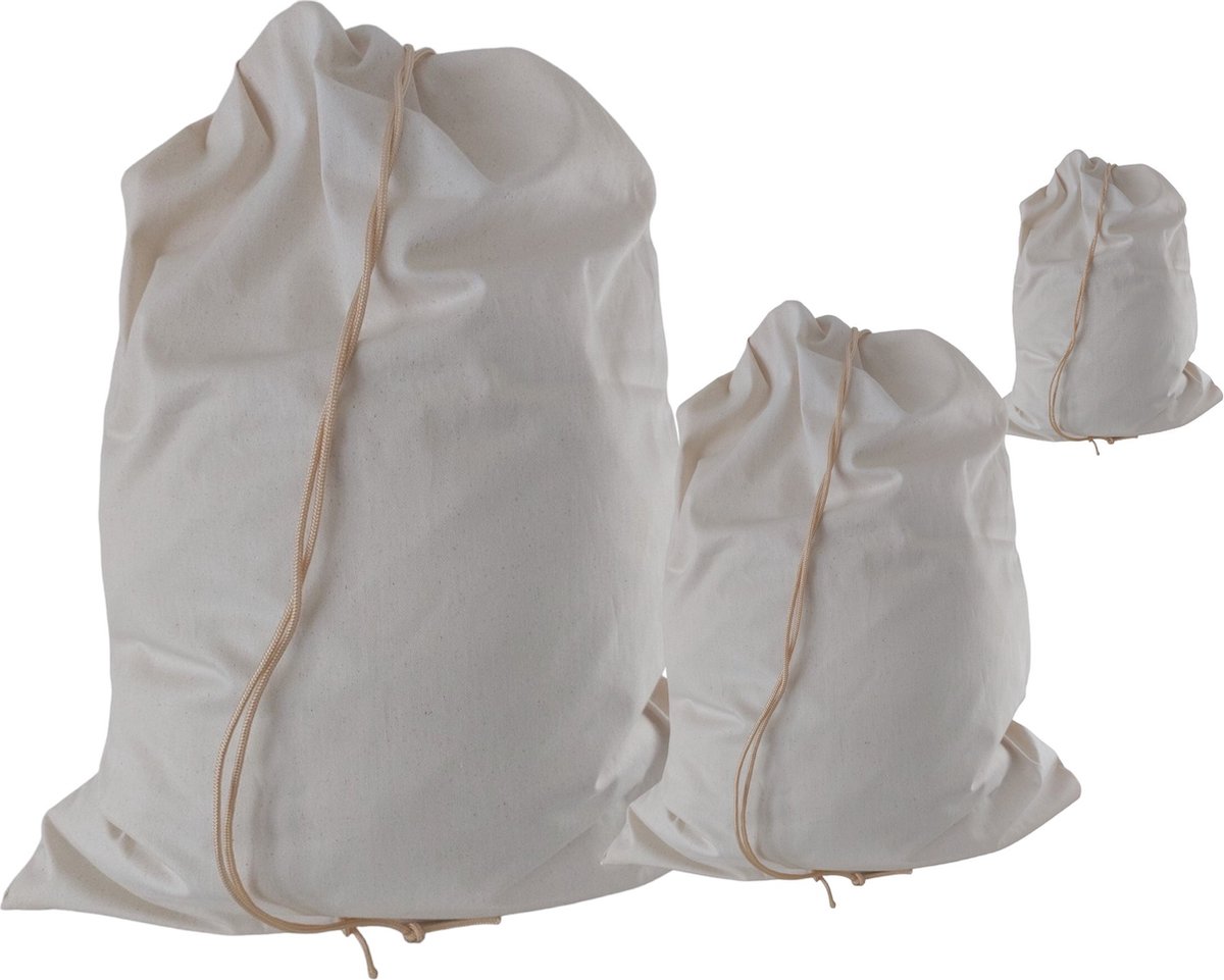 Goedkoopste Bluvardi katoenen waszakken set van 3 stuks - heavy duty - Natural cotton - Natuurlijke katoenen zonder chemische behandeling
