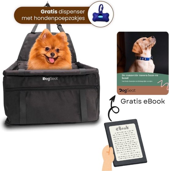 DogSeat® Hondenmand Auto - Zwart - Autostoel Hond - Gratis Accessoire Dispenser Met Poepzakjes + Gratis eBook - Autozitje Hond - Hondenstoel Auto - Kleine tot Middelslag Hond - Veilig met Riem - Waterdicht en Opvouwbaar - 40x35x25