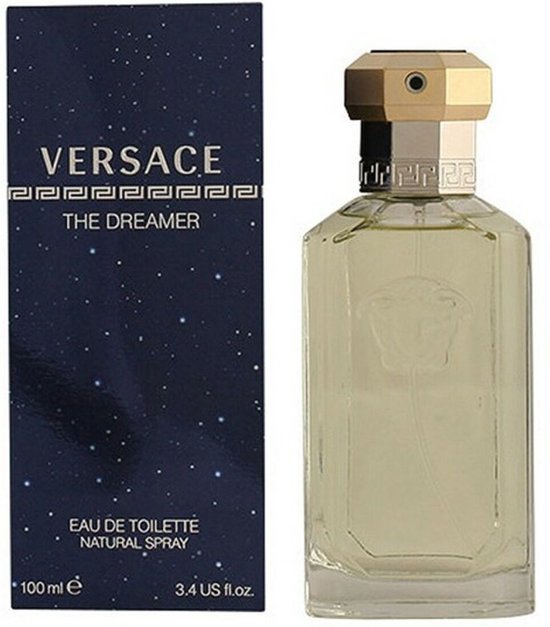 Versace The Dreamer Eau de Toilette met gouden en zilveren dop en Medusa-reliëf op de glazen fles.