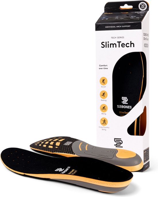 52Bones SlimTech Mid Arch Footbed - Support anatomique de la voûte plantaire avec voûte plantaire moyenne - pour chaussures étroites - football, patinage, cyclisme et VTT - 1 paire - taille 37/38