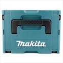 Teal Makpac opbergkoffer van Makita met zwart handvat.