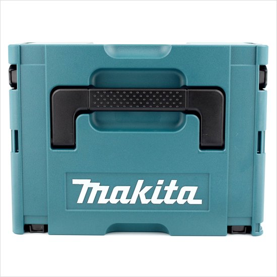 Teal Makpac opbergkoffer van Makita met zwart handvat.