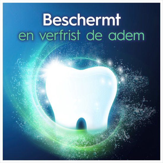 Lichtgevende witte tand in groene cirkels. "Beschermt en verfrist de adem".
