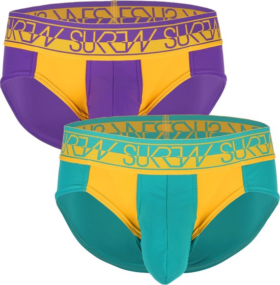 Sukrew Bloc Brief Abudance Collection Multipack 1 x Purple/Mustard + 1 x Teal/Mustard - MAAT M - Heren Ondergoed - Slip voor Man - Mannen Slip