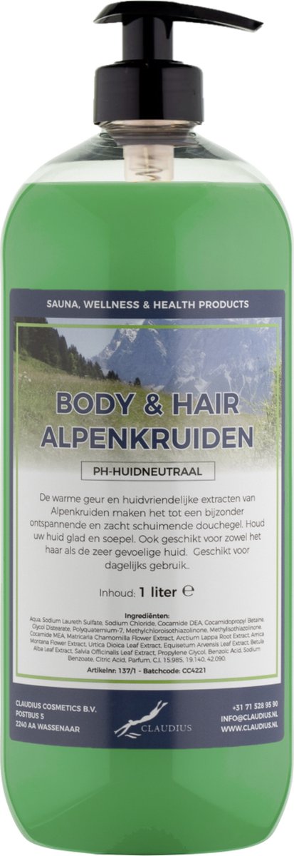 Goedkoopste Body & Hair Alpenkruiden 1 liter - met gratis pomp - 2 in 1 voor lichaam en haar.