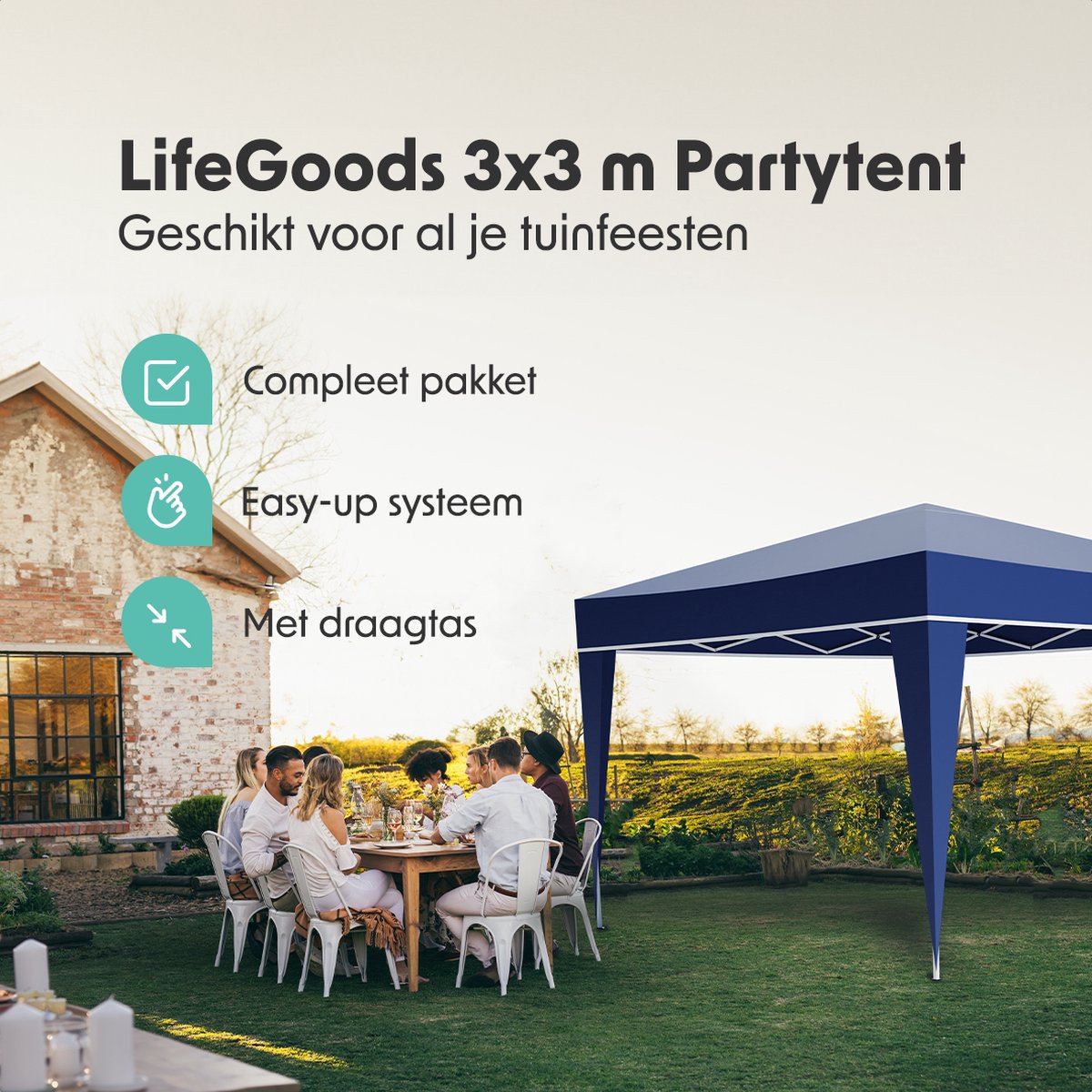 LifeGoods Partytent - Opvouwbaar - 3x3 m - Easy Up - Paviljoen - Vouwtent - Met Draagtas - Blauw thumbnail 2