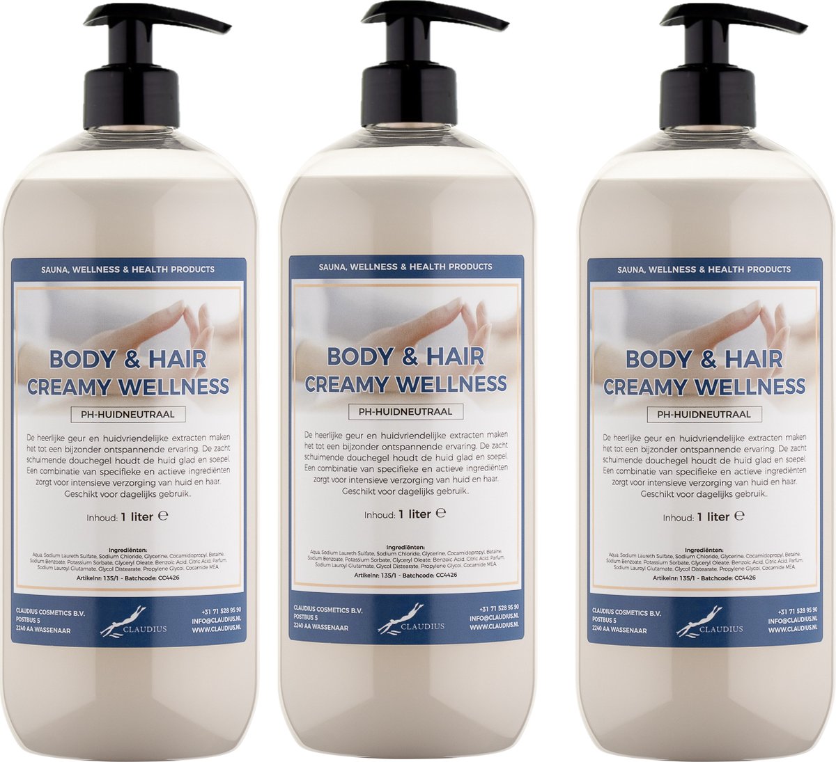 Goedkoopste Body & Hair Creamy Wellness 1 liter - set van 3 stuks - met gratis pomp - 2 in 1 voor lichaam en haar.