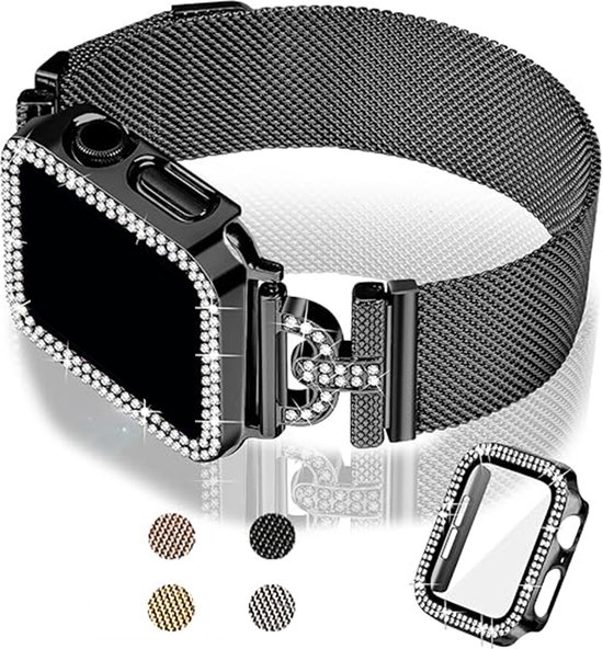 Foto: Ffo2world slanke milanese bandje voor apple watch se 3 2 1 44mm series 6 44mm series 5 44mm series 4 44mm zwart elegant dames horlogeband met magnetische sluiting bling glitter case hoesje screenprotector iwatch bandje