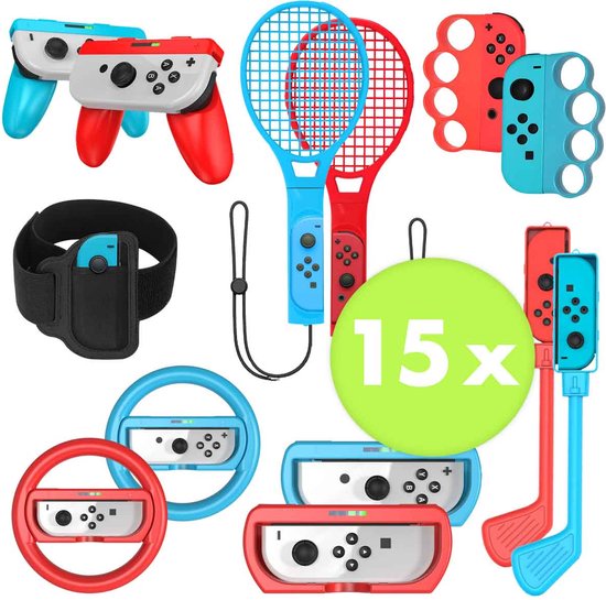 Foto: Imoshion 15 delige set geschikt voor nintendo switch oled game accessoires en bescherming golfsticks tennisrackets stuur boxgrips armband joycons