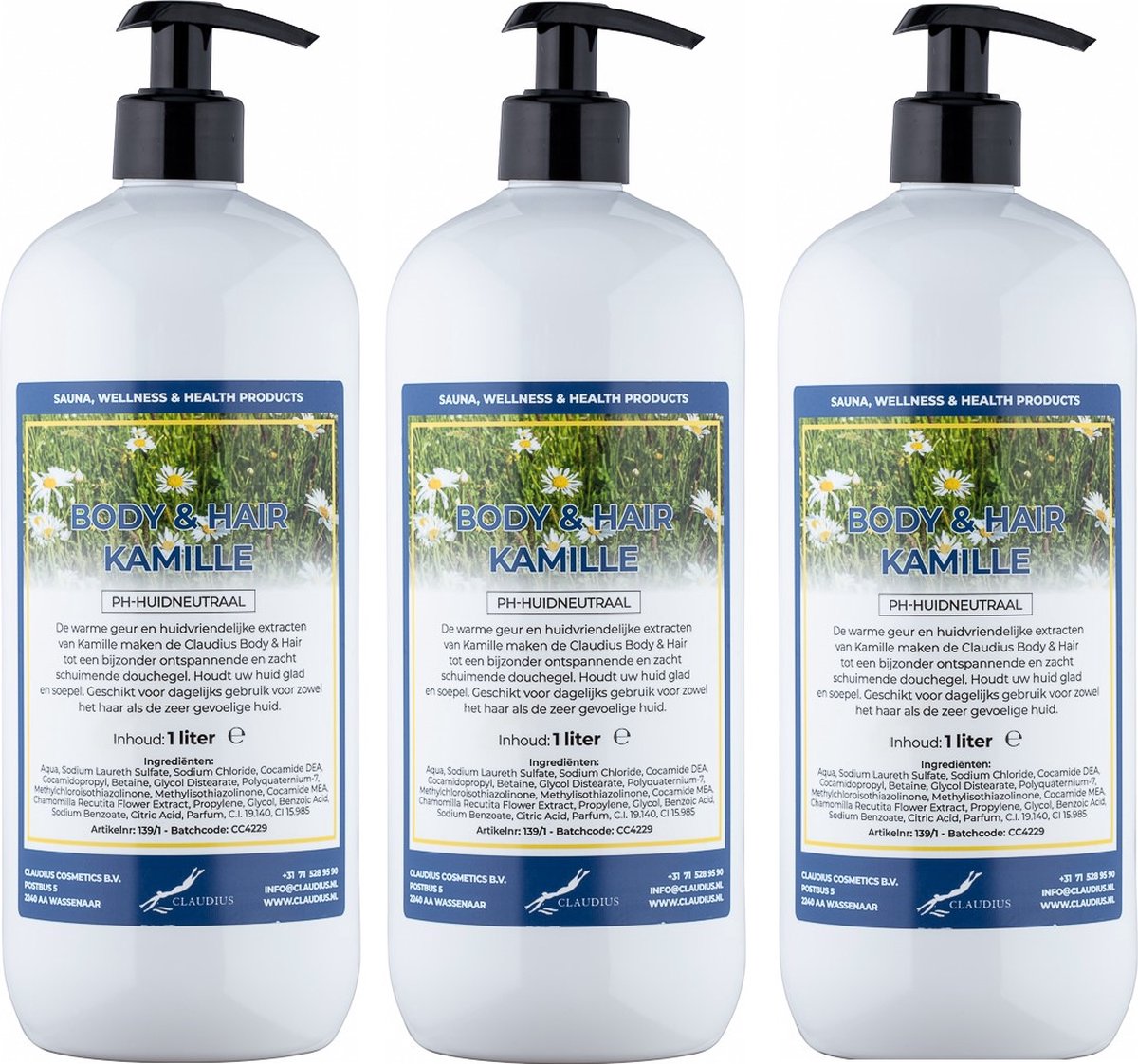 Goedkoopste Body & Hair Kamille 1 liter - set van 3 stuks - met gratis pomp - 2 in 1 voor lichaam en haar.