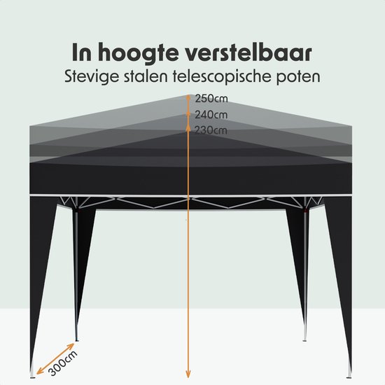 Zwarte partytent met stevige, in hoogte verstelbare stalen telescoop-poten. De hoogte is instelbaar tussen 230cm en 250cm.