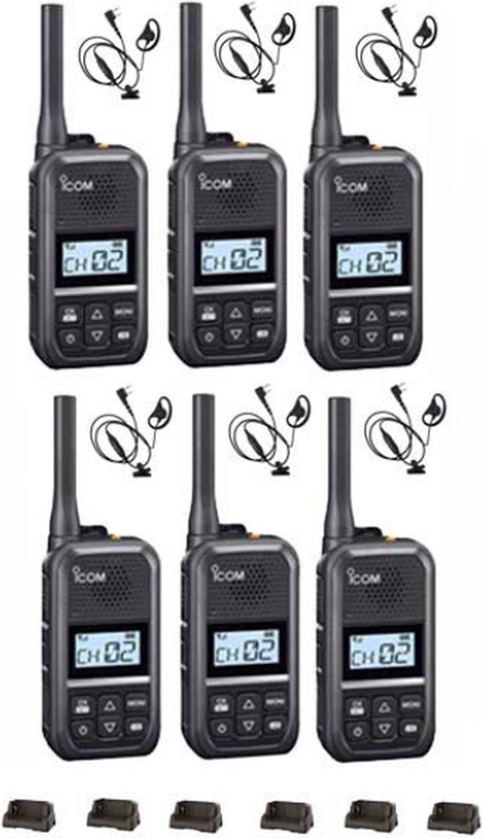 Set van 6 Icom IC-U20SR IP54 mini Portofoon met tafel lader en D-shape oortje