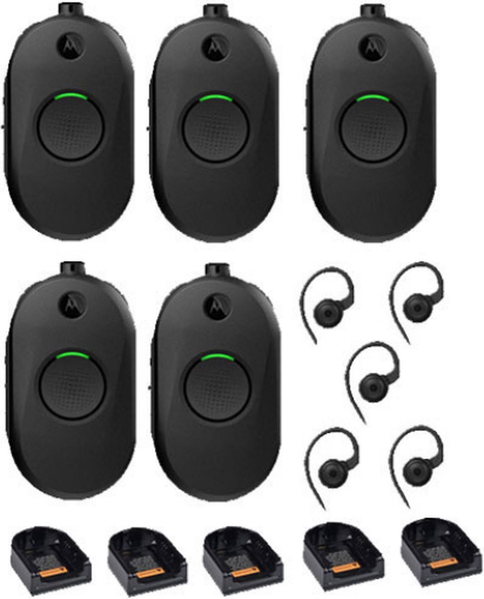 Set van 5 Motorola CLP446E Mini Portofoons met oortje en tafel lader