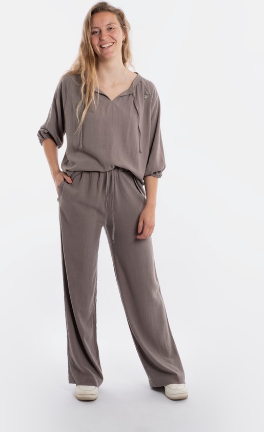 Pantalon Knit Factory Fern - Pantalon femme - Pantalon femme - Pantalon avec poches latérales - Pantalon long - Doux et aéré 78% viscose et 22% lin - Pantalon d'été - Pantalon d'été - Pantalon large - Taupe - 40/42