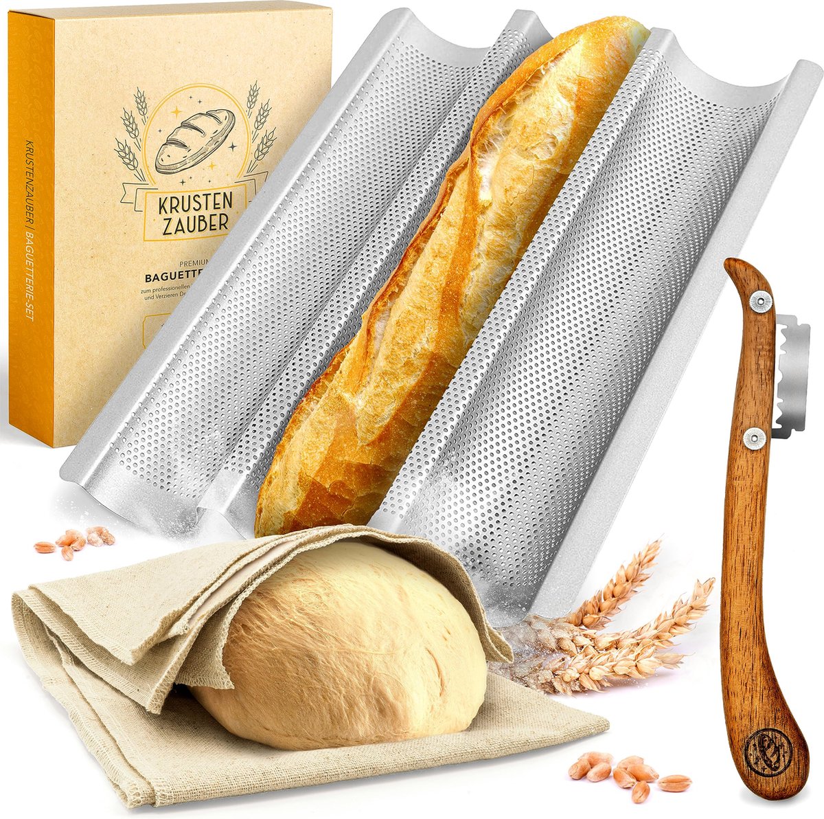 KRUSTENZAUBER stokbroodbakvorm antiaanbaklaag incl. bakkerslinnen en bakkersmes - set van 3 stokbroodbakplaten - ideaal als stokbroodplaat broodbakplaat stokbroodblik stokbroodbakje broodbakaccessoires