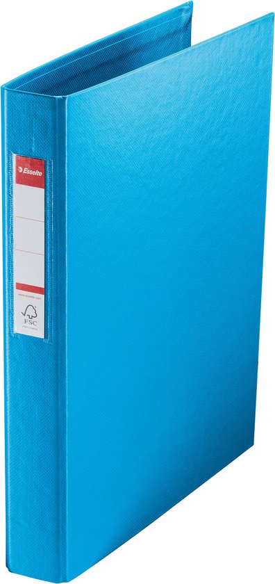 Classeur bleu vif en plastique avec une étiquette et un logo FSC sur le dos.
