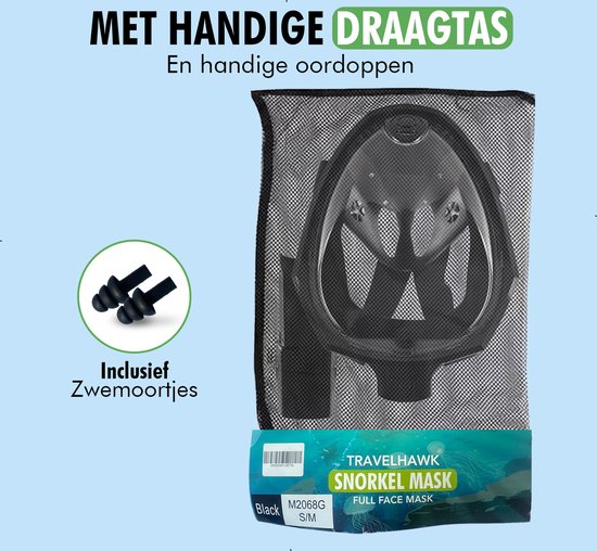 Travelhawk Snorkelmasker - Volwassenen L/XL - Snorkelset Zwart - Full Face Duikmasker - Duikbril met Snorkel - Snorkelen en duiken