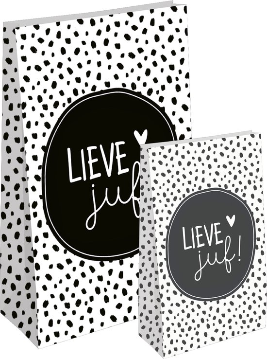 2 Stuks Blokbodem papieren zakken - MAAT -> 14 x 8 x 26 cm - Lieve juf - afscheid - school - leerkracht - clip - geschenkverpakking - juf cadeau