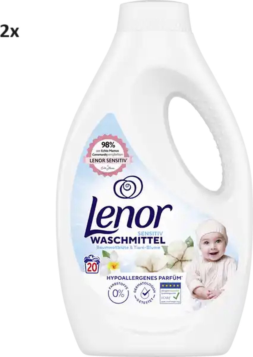 Goedkoopste 2 x Lenor Vloeibaar Wasmiddel - Sensitive Katoenbloesem - 2 x 20 Wasbeurten