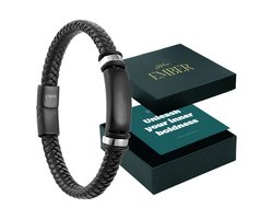 Atelier EMBER - Cadeau voor Man Verjaardag - Handgemaakte Leren Armband Heren - Inner Boldness - Zwart Zilver RVS - 20 CM + 1,5 CM - Luxe Sieradendoos - Cadeau Pakket Papa, Vriend, Vader, Opa - Geschenkset - Cadeautje voor Hem