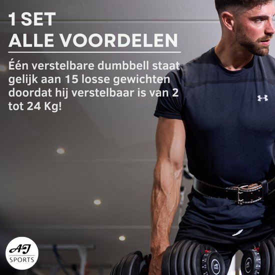 AJ-Sports Verstelbare Dumbell 24 KG - 2kg t/m 24kg - Dumbells set - Gewichten set - Halterset - Fitness gewichten - Krachttraining - Fitness - Gym - Sport - 15 Dumbells in één! - Let op PER STUK = 1 Dumbbell!