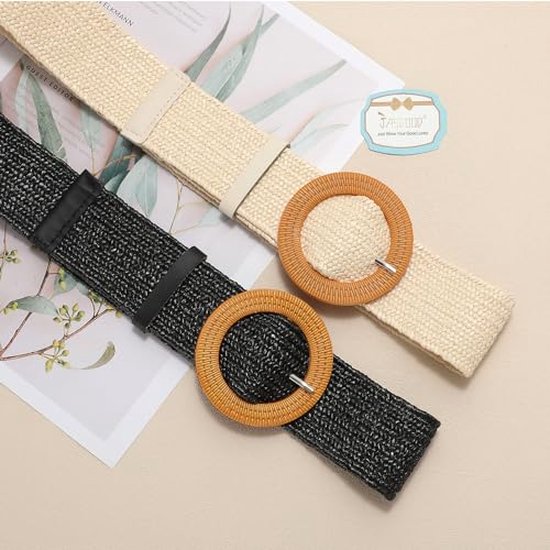 DUOXIN 2 Stuks Stro Geweven Elastische Stretch Taille Riemen, Mode Boho Dames Gevlochten Riem Etnische Stijl Geweven Riem Brede Jurk Riem Voor Vrouwen Meisjes Zwartbruin