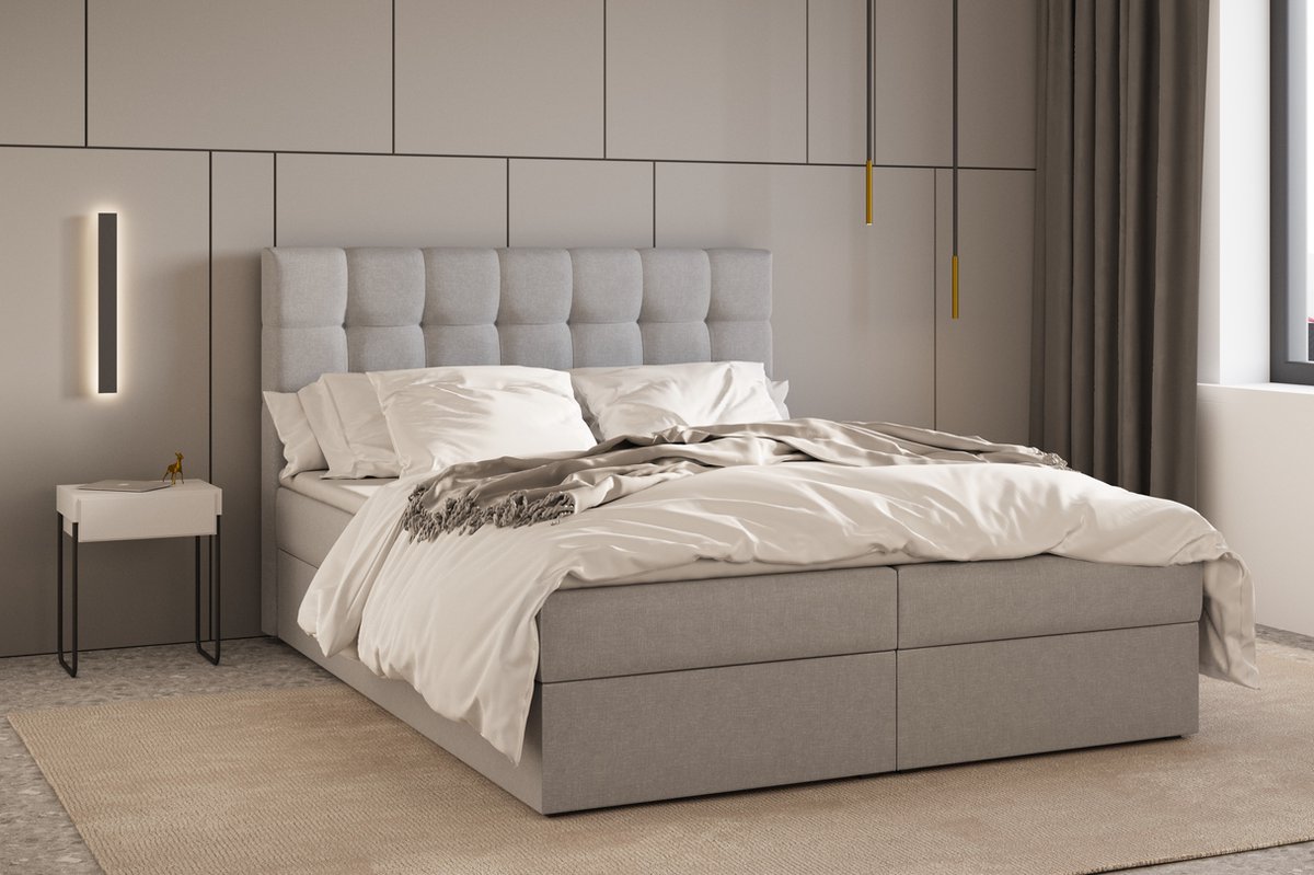 AJE Meubles B.V. Boxspring Bed 05 - Luxe en Comfort - Inclusief Topmatras - Verkrijgbaar in Meerdere Maten - Boxspringbed 05 (Lichtgrijs - Hugo 91, 140x200 cm)