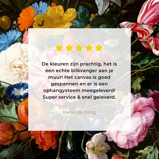 Une nature morte florale avec cinq étoiles et un avis élogieux sur les couleurs et la qualité.