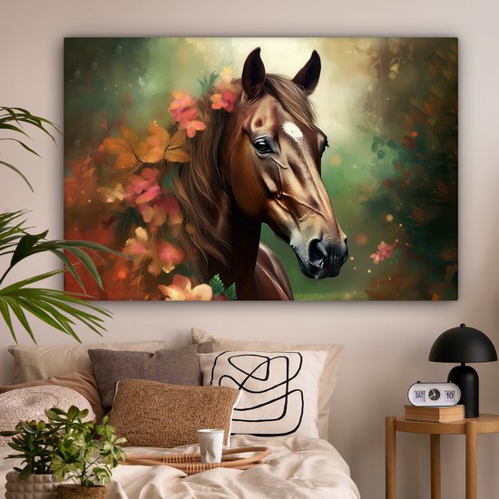 Canvas schilderij 180x120 cm - Wanddecoratie kinderkamer Paard - Bloemen - Natuur - Dieren - Bos - Oranje - Muurdecoratie babykamer - Kamer decoratie voor jongens en meisjes - Baby accessoires - Schilderijen