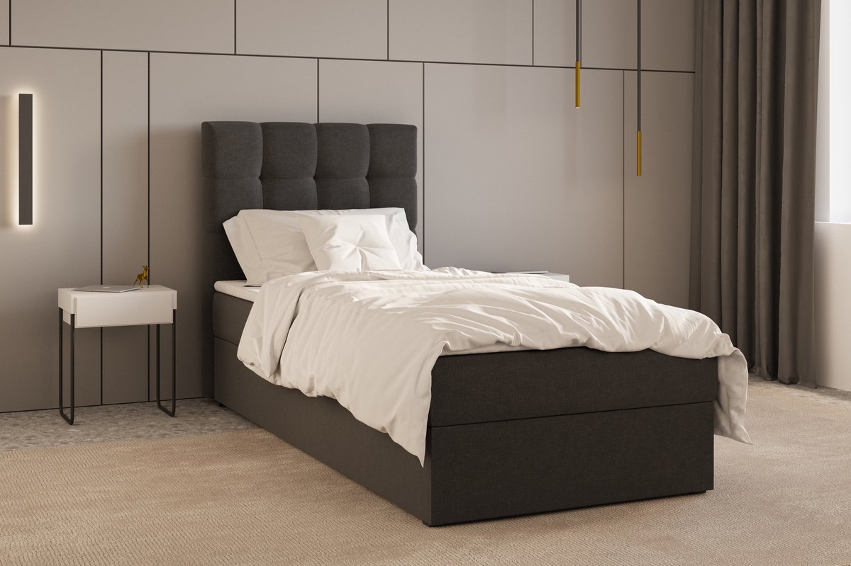 AJE Meubles B.V. Boxspring Bed 05 - Luxe en Comfort - Inclusief Topmatras - Verkrijgbaar in Meerdere Maten - Boxspringbed 05 (Zwart - Hugo 100, 90x200 cm)