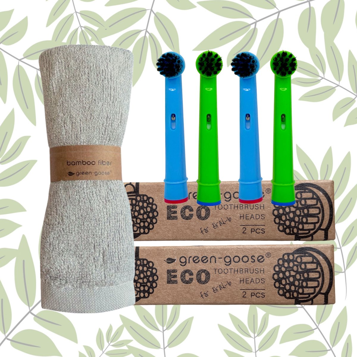 green-goose® 4 Duurzame Houtskool Oral B Kinder Opzetborstels + Gratis Bamboe Wasdoekje 26x26cm