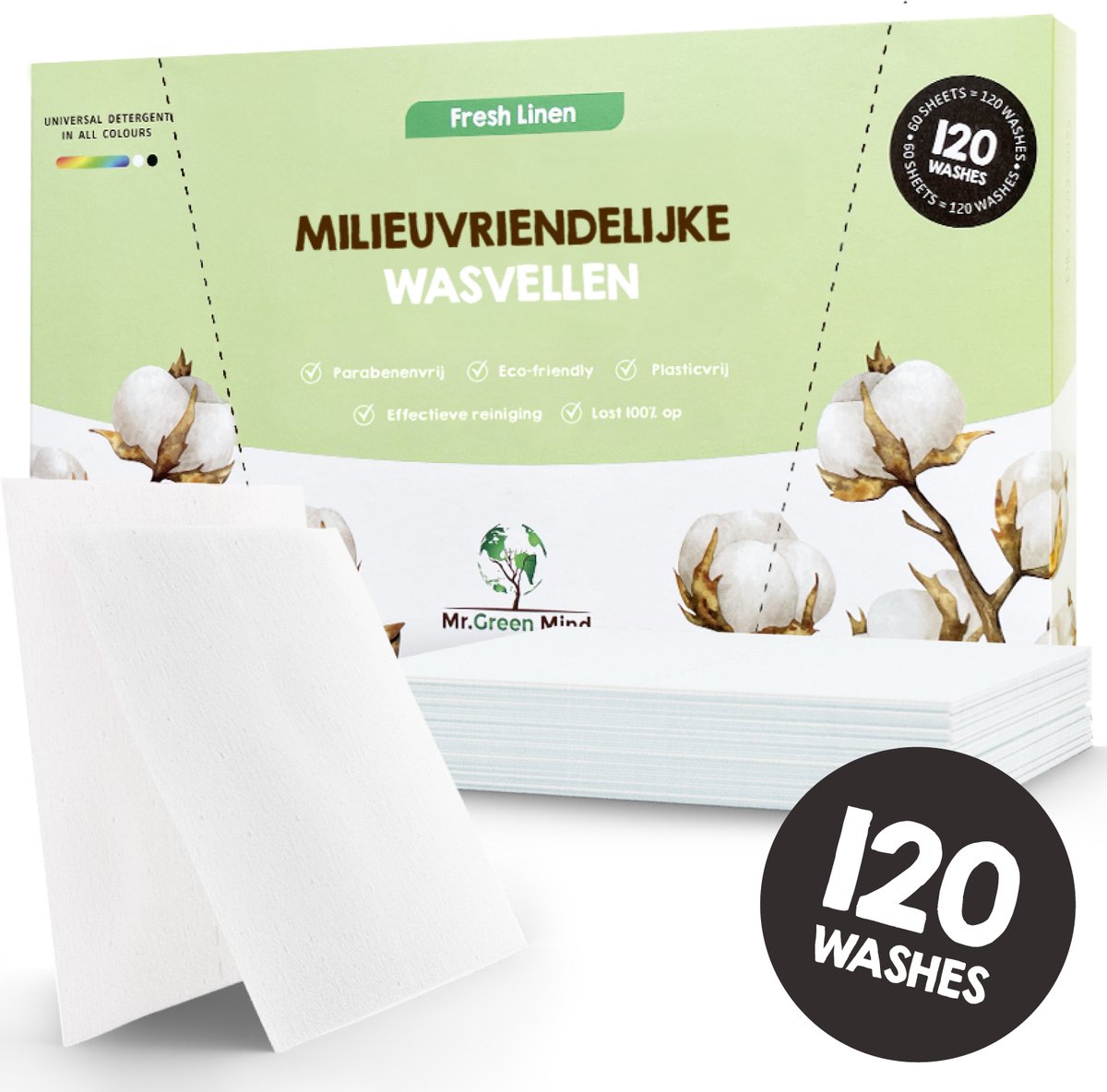 Goedkoopste Mr. Green Mind Wasstrips 120 Wasbeurten Fresh Linen Wasmiddeldoekjes Wasvellen Wasdoekjes incl. wasverzachter